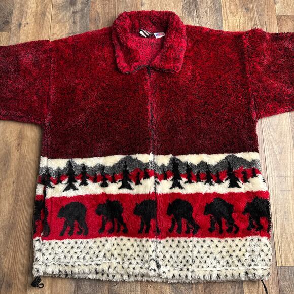 Vintage Mazmania Fleece Jacket Men's Small Red Forrest Bears Pockets AOP 6227 - Picture 6 of 13